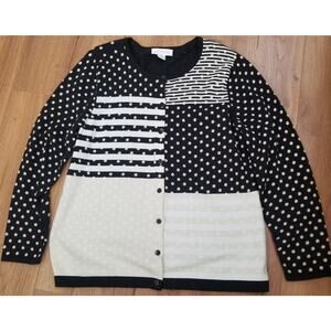 CJ Banks Black & Beige Polka Dot & Stripe Cardigan Sweater Long Sleeves Size X